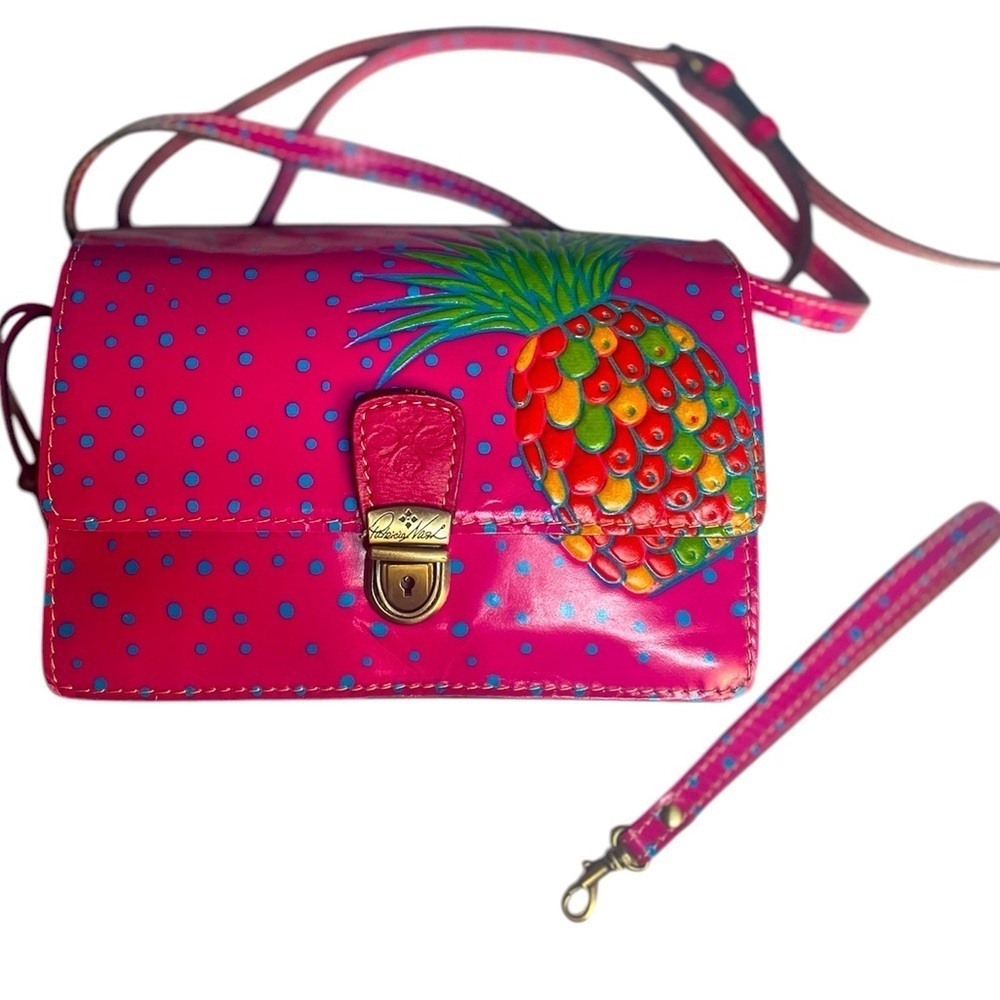 Patricia Nash Lanza Crossbody, bright pink,blue polka dots,embossed pineapple